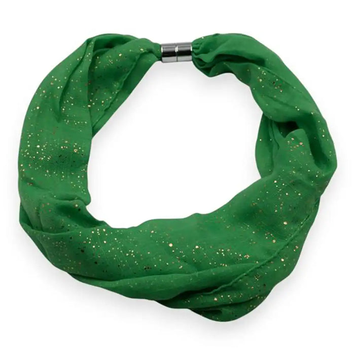 Green infinity scarf with glittery specks on a white background