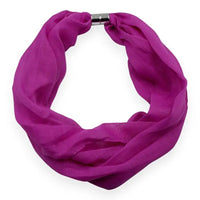A magenta purple infinity scarf made of lightweight, semi-sheer fabric, featuring a silver metal magnetic clasp at the top, shown on a plain white background.