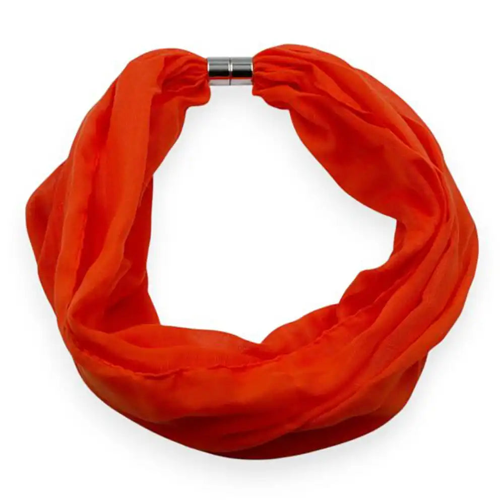 Orange infinity scarf with a metal clasp on a white background