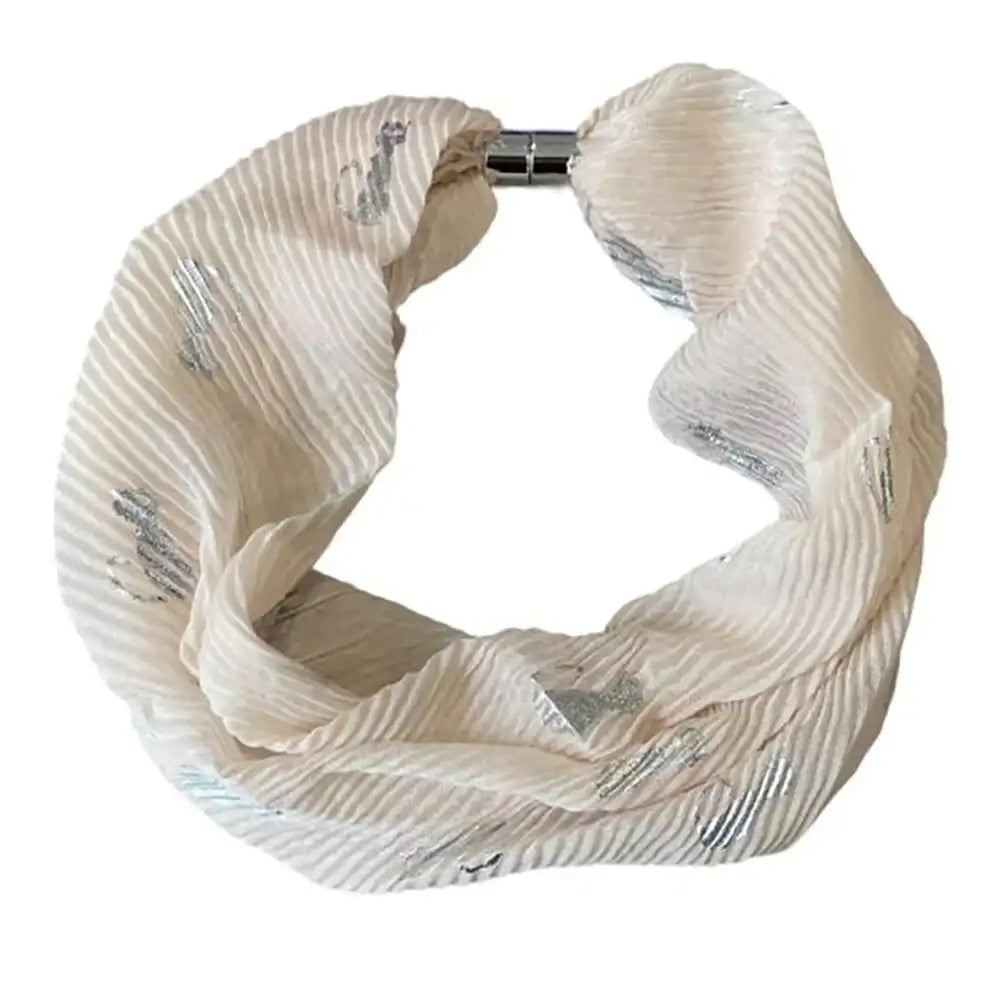 An off-white pleated infinity scarf with silver metallic accents, featuring a silver metal clasp closure, shown on a plain white background.