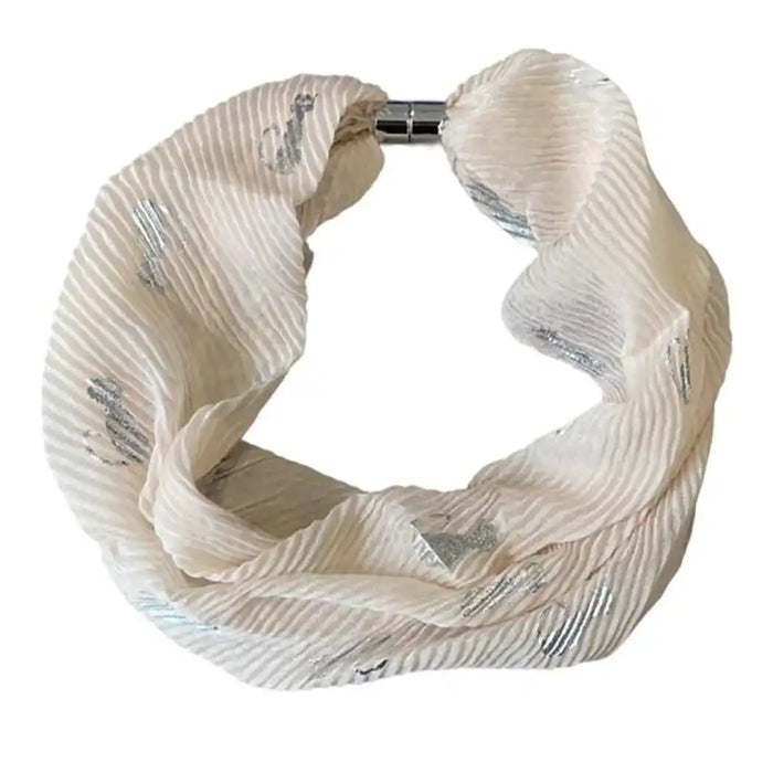 An off-white pleated infinity scarf with silver metallic accents, featuring a silver metal clasp closure, shown on a plain white background.