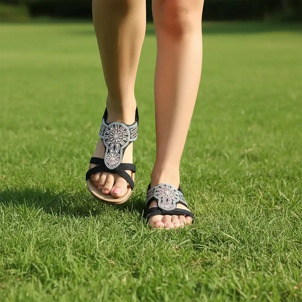 Black and sundial sandals being worn while walking across grass.