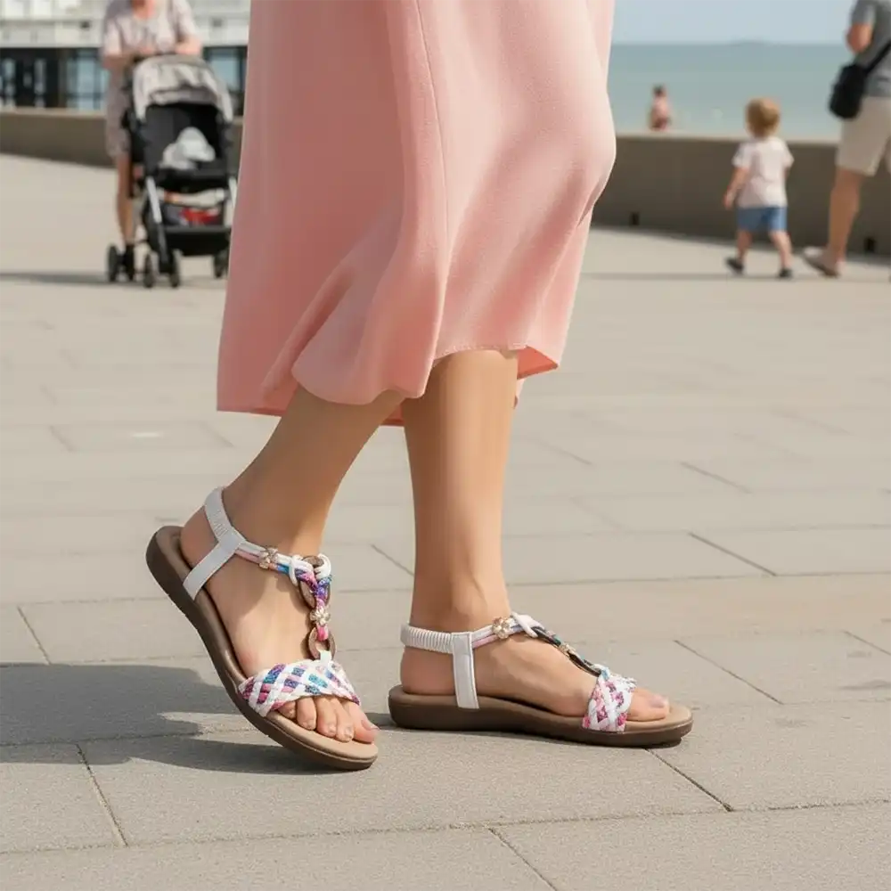 A person wearing white flat sandals with colorful woven straps and a pink skirt, standing on a paved outdoor walkway near the water. Other people and a stroller are blurred in the background.