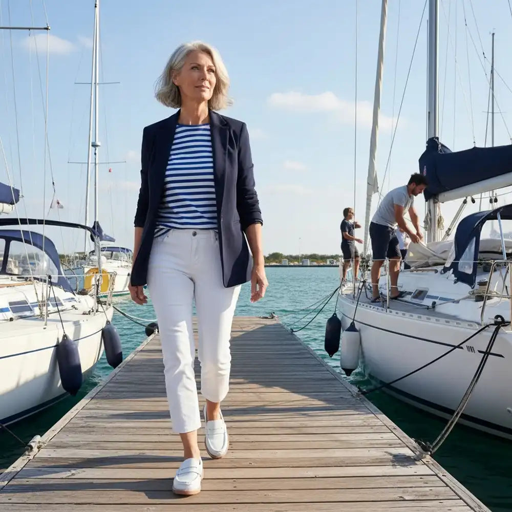 Woman walking on a dock with sailboats in the background