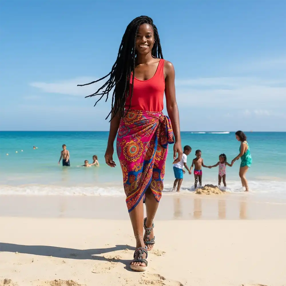 A woman in a red vest and sarong is walking up a beach with families playing in the sea behind.