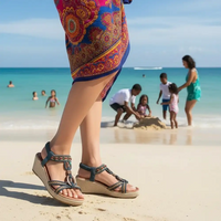 A close-up of a person wearing wedge sandals with braided straps and a colorful patterned skirt, standing on a sandy beach with the ocean and children playing in the background.