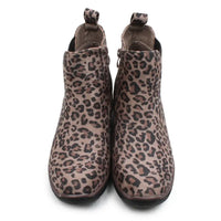 A pair of women's ankle boots featuring a brown and black leopard print pattern on a taupe base, shown from a front-facing perspective against a white background.