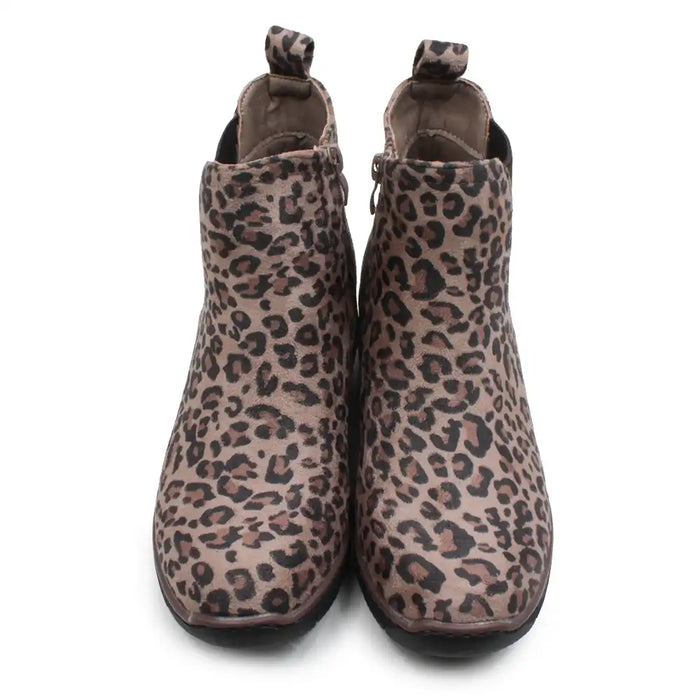 A pair of women's ankle boots featuring a brown and black leopard print pattern on a taupe base, shown from a front-facing perspective against a white background.