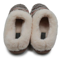 A pair of slippers with a thick cream faux-fur lining and a brown, beige, and pink patterned textile upper, shown from a top-down view on a white background.