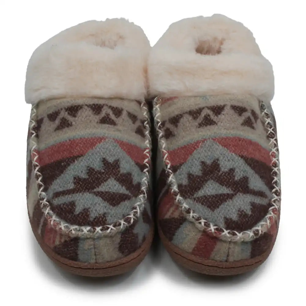A pair of slip-on slippers with a Nordic-style geometric pattern in brown, red, and gray, featuring a thick cream faux-fur collar and decorative whipstitching.