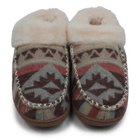 A pair of slip-on slippers with a Nordic-style geometric pattern in brown, red, and gray, featuring a thick cream faux-fur collar and decorative whipstitching.