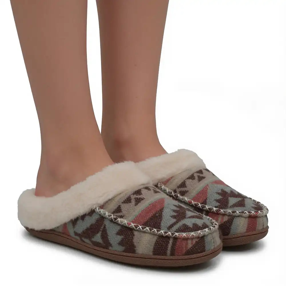 A pair of slip-on slippers with a Nordic patterned fabric and white faux fur lining, shown on a person's feet against a white background.