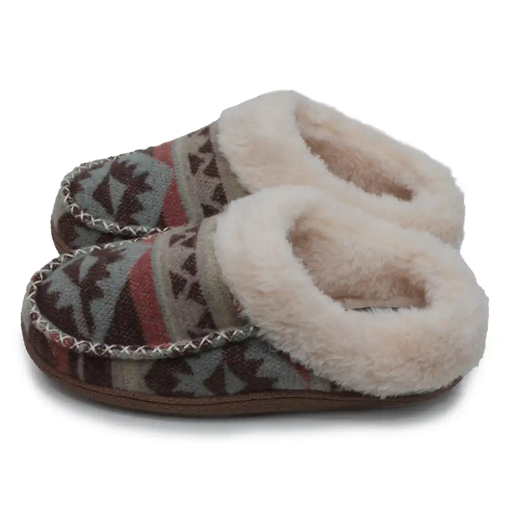 A pair of slip-on slippers with a brown, beige, and red geometric patterned fabric upper and a thick cream faux-fur lining, shown on a white background.