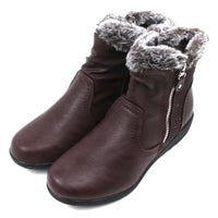 Pair of brown ankle boots with fur trim. Angled view.