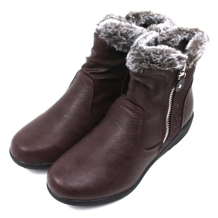 Pair of brown ankle boots with fur trim. Angled view.