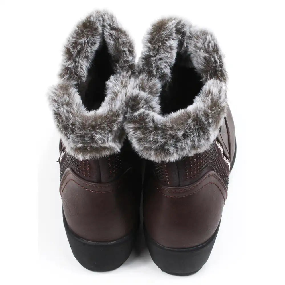 Pair of brown ankle boots with fur trim. Back view.