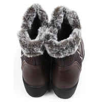 Pair of brown ankle boots with fur trim. Back view.