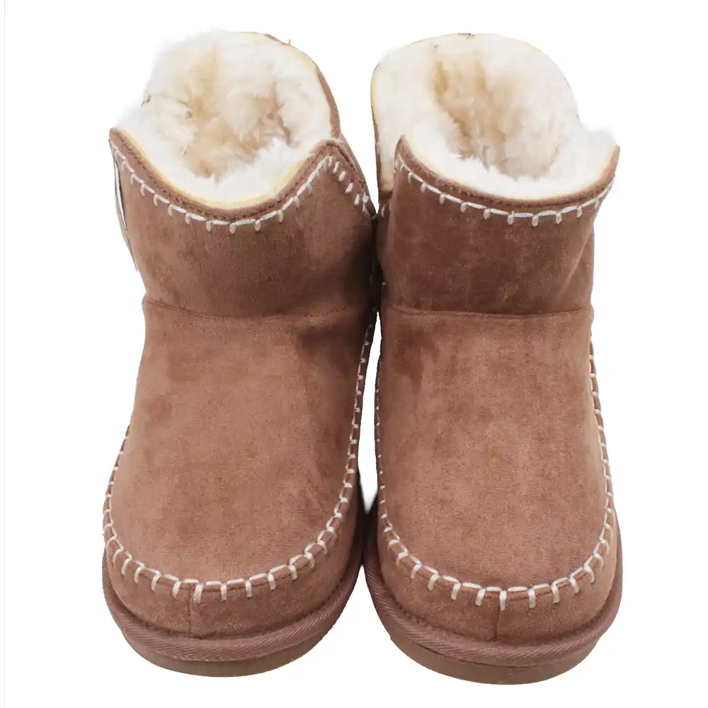 Pair of brown faux suede bootie slippers with white fur lining on a white background