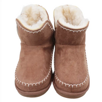 Pair of brown faux suede bootie slippers with white fur lining on a white background