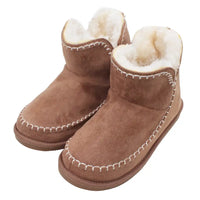 Pair of brown faux suede bootie slippers with white fur lining on a white background