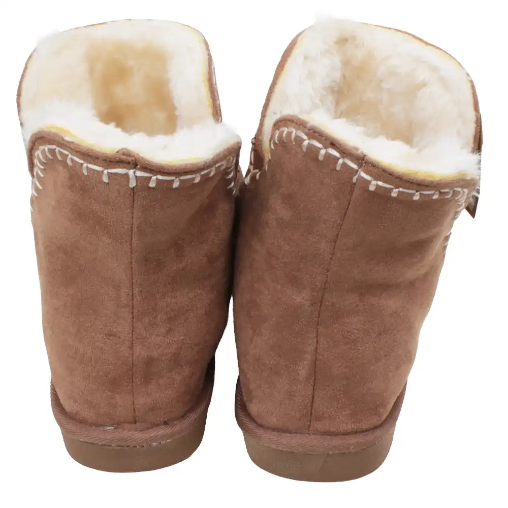 Pair of brown faux suede bootie slippers with white fur lining on a white background