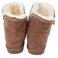 Pair of brown faux suede bootie slippers with white fur lining on a white background