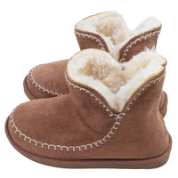 Pair of brown faux suede bootie slippers with white fur lining on a white background