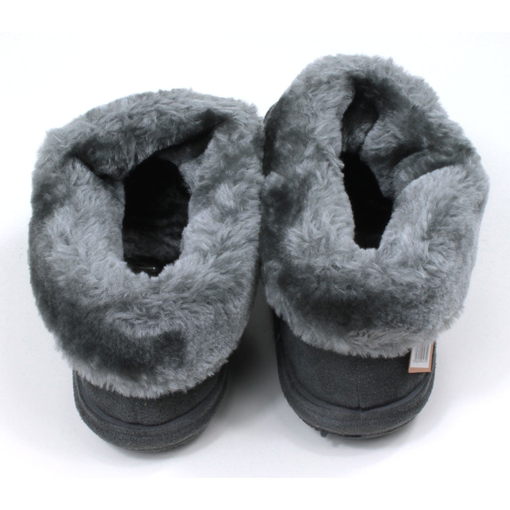 Jo and Joe charcoal bootie slippers with generous furry ankle cuffs. Back view.