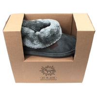 Jo and Joe charcoal bootie slippers with generous furry ankle cuffs. In presentation gift box view.