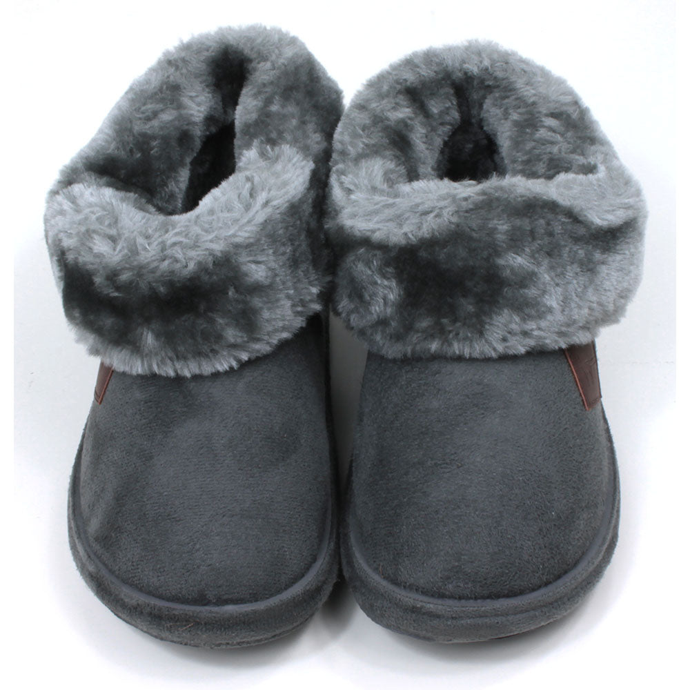 Jo and Joe charcoal bootie slippers with generous furry ankle cuffs. Front view.