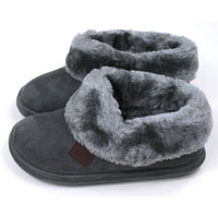 Jo and Joe charcoal bootie slippers with generous furry ankle cuffs. Side view.