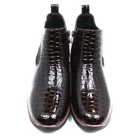 Jo and Joe mock patent crocodile Chelsea boots. Dark brown and black rubber soles. Front view.