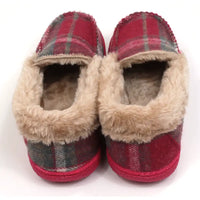 Red tartan full slippers with beige fur ankle collar and lining the inside. Red soles. Back view.