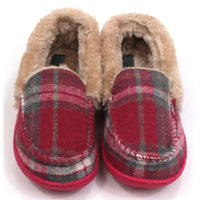 Red tartan full slippers with beige fur ankle collar and lining the inside. Red soles. Front view.