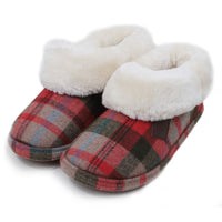 Jo and Joe brown and red tartan slippers with generous furry ankle cuffs. Angled view.