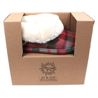 Jo and Joe brown and red tartan slippers with generous furry ankle cuffs. In presentation gift box  view.