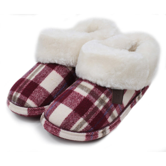 Jo and Joe cherry and cream tartan slippers with generous furry ankle cuffs. Angled view.