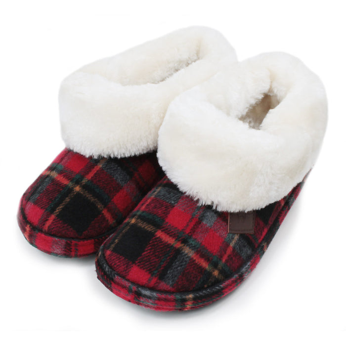 Jo and Joe Highlander red tartan slippers with generous furry ankle cuffs. Angled view.