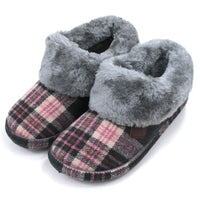 Grey and pink tartan slippers with grey fur ankle cuffs.