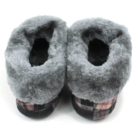 Grey and pink tartan slippers with grey fur ankle cuffs.