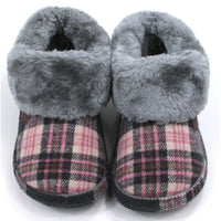 Grey and pink tartan slippers with grey fur ankle cuffs.