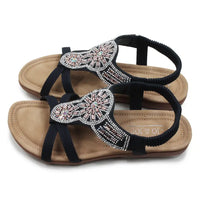 Pair of embellished sandals with black straps on a white background