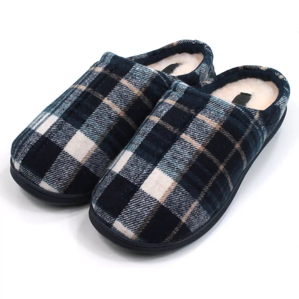 Jo and Joe men's plaid navy blue mule slippers. Furry inside. Angled view.