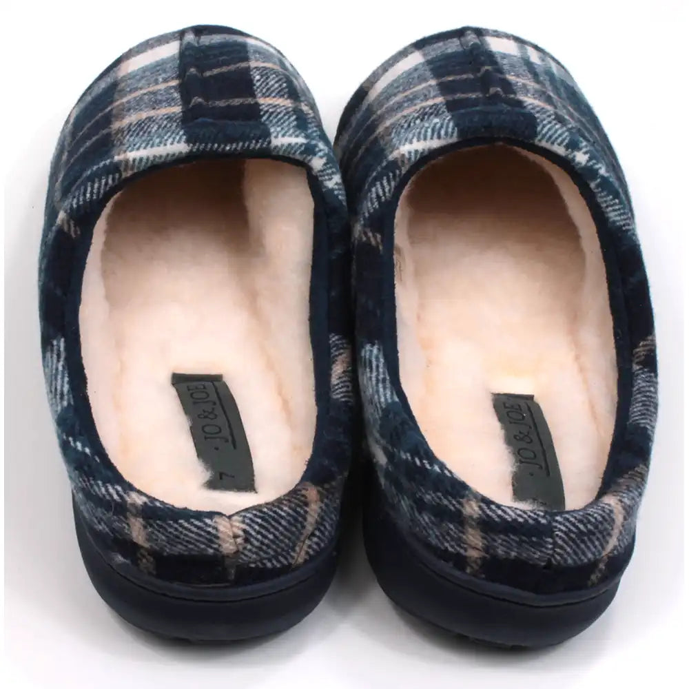 Jo and Joe men's plaid navy blue mule slippers. Furry inside. Back view.