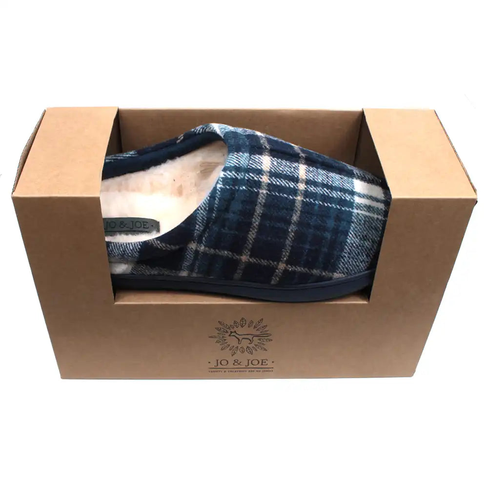 Jo and Joe men's plaid navy blue mule slippers. Furry inside. Boxed view.