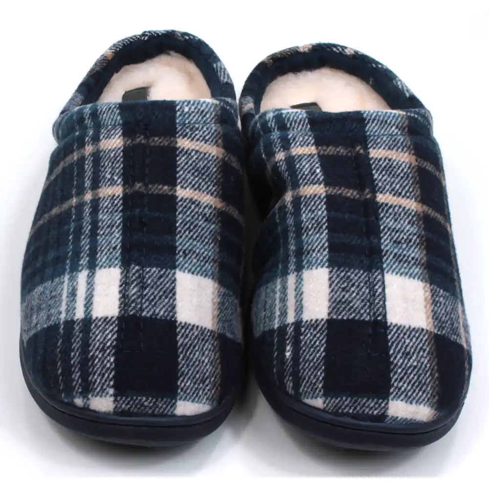 Jo and Joe men's plaid navy blue mule slippers. Furry inside. Front view.