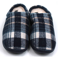 Jo and Joe men's plaid navy blue mule slippers. Furry inside. Front view.