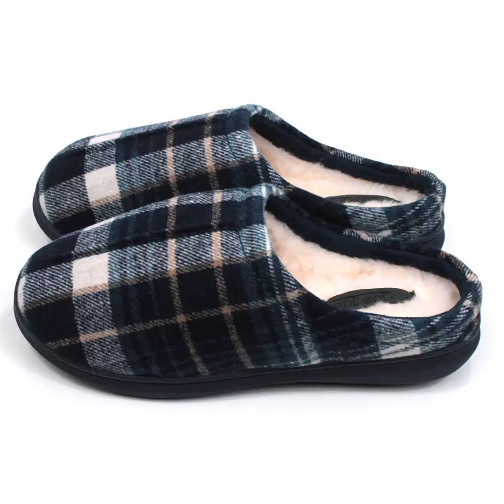 Jo and Joe men's plaid navy blue mule slippers. Furry inside. Side view.