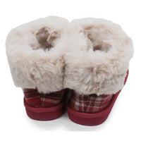 A pair of cozy slipper boots featuring thick cream faux fur trim, a red and black plaid fabric midsection, and solid red soles, shown against a plain white background.
