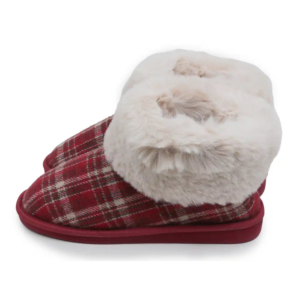 Red plaid slippers with cream furry ankle cuffs in a white studio environment.
